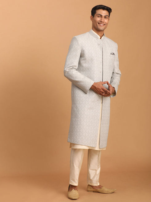 Vastramay Men's Grey Jaccard Sherwani With Cream Kurta Pant Set